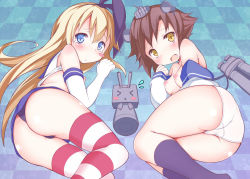 Rule 34 | 10s, 2girls, ass, bad id, bad pixiv id, blonde hair, blue eyes, blush, blush stickers, breasts, brown hair, checkered floor, clothes lift, elbow gloves, floor, gloves, hand up, kantai collection, long hair, looking at viewer, lying, micro panties, midriff, miotama, multiple girls, nipples, on floor, on side, panties, rensouhou-chan, shimakaze (kancolle), small breasts, striped clothes, striped legwear, striped thighhighs, tears, thighhighs, thighs, thong, underwear, upskirt, white panties, yukikaze (kancolle)