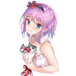Rule 34 | 1girl, absurdres, bare arms, bare shoulders, black hairband, blue eyes, blush, breasts, collarbone, commentary request, dress, flower, hair flower, hair ornament, hairband, highres, holding, holding flower, looking at viewer, mayoichi, medium hair, original, purple hair, red flower, red ribbon, ribbon, simple background, small breasts, smile, solo, white background, white dress