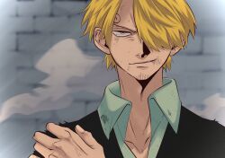 Rule 34 | 1boy, blonde hair, bruise, bruise on face, curly eyebrows, dirty, dirty clothes, dirty face, hand on own shoulder, highres, injury, jacket, long sleeves, one piece, s kan a, sanji (one piece), shirt, short hair, smirk, solo, torn clothes