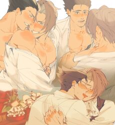 Rule 34 | 2boys, absurdres, ace attorney, ascot, bara, bare pectorals, black hair, blush, closed eyes, collared shirt, couple, curtained hair, french kiss, grey hair, highres, hiluta, hug, hug from behind, kiss, large pectorals, looking at another, male focus, miles edgeworth, multiple boys, multiple views, muscular, muscular male, nipples, open clothes, open shirt, pectorals, phoenix wright, shirt, short hair, smile, tongue, tongue out, white shirt, yaoi