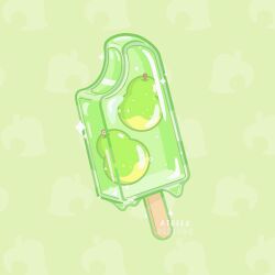 Rule 34 | animal crossing, artist name, commentary, dripping, english commentary, food, food focus, fruit, green background, jasmine (atrela.designs), leaf, leaf background, nintendo, no humans, patterned background, pear, popsicle, popsicle stick, sparkle, watermark