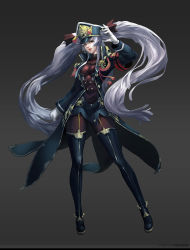 Rule 34 | 1girl, altair (re:creators), armband, arms up, artist name, artist request, black coat, black thighhighs, bodystocking, boots, buttons, coat, double-breasted, epaulettes, floating hair, full body, garter straps, gloves, grey background, hat, high heel boots, high heels, highres, long hair, looking to the side, military, military hat, military uniform, re:creators, silver hair, thigh boots, thighhighs, twintails, uniform, very long hair, white gloves