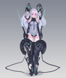 Rule 34 | 1girl, bare shoulders, dual persona, elbow gloves, energy sword, full body, garter straps, gloves, gradient background, horns, kishiyo, legs together, leotard, long hair, looking at viewer, mecha musume, original, pantyhose, purple eyes, reverse grip, revision, sheep horns, short eyebrows, silver hair, sketch, smile, solo, standing, sword, tachi-e, thighhighs, weapon, white pantyhose, white thighhighs