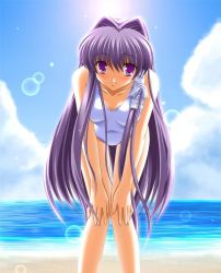 Rule 34 | 00s, 1girl, beach, bent over, clannad, day, fujibayashi kyou, leaning forward, long hair, ocean, one-piece swimsuit, purple eyes, purple hair, solo, swimsuit, very long hair