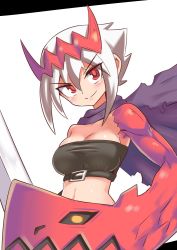 Rule 34 | 1girl, blush, breasts, cape, commentary request, cougar (cougar1404), dragon: marked for death, empress (dmfd), facial scar, hair between eyes, hair ornament, midriff, red eyes, scar, scar on cheek, scar on face, short hair, smile, solo, strapless, torn cape, torn clothes, tube top, white background, white hair