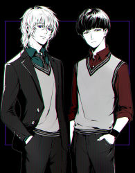 Rule 34 | 10s, 2boys, aged up, arms at sides, bad id, bad pixiv id, black background, black necktie, blazer, blue eyes, blunt bangs, bowl cut, buttons, changye, closed mouth, collared shirt, cowboy shot, dress shirt, frown, hair between eyes, hanazawa teruki, hand in pocket, jacket, kageyama shigeo, long sleeves, looking at viewer, looking down, male focus, mob psycho 100, multiple boys, necktie, open clothes, open jacket, outside border, pants, partially colored, red shirt, shirt, sleeves rolled up, smirk, striped necktie, striped neckwear, sweater, sweater vest, unbuttoned, wristband