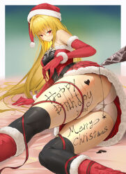 Rule 34 | 1girl, absurdres, adapted costume, alternate costume, arm support, ass, bare shoulders, blonde hair, blush, body writing, boots, breasts, character name, chocolate, chocolate on body, chocolate on legs, christmas, cleavage cutout, closed mouth, clothing cutout, commentary request, cross-laced clothes, cross-laced dress, dress, elbow gloves, embarrassed, english text, female focus, food on body, from below, fur-trimmed dress, fur trim, gloves, hair between eyes, hand up, happy birthday, hat, highres, knee boots, konjiki no yami, legs, looking at viewer, looking back, lying, medium breasts, merry christmas, on side, panties, red eyes, red footwear, red gloves, santa hat, sayaka ikku, skindentation, sleeveless, sleeveless dress, solo, star (symbol), star cutout, strapless, strapless dress, thighhighs, thighs, to love-ru, to love-ru darkness, tube dress, underwear, upskirt, white panties