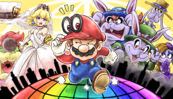 Rule 34 | 3boys, 4girls, annoyed, blonde hair, blue eyes, bowser, breasts, building, cappy (mario), cleavage, dress, facial hair, frying pan, gloves, hariet (mario), hat, holding, holding clothes, holding hat, kicdon, looking at another, madame broode, mario, mario (series), multiple boys, multiple girls, mustache, nintendo, overalls, planet, princess peach, rabbit ears, rabbit girl, rainbow order, rango (mario), red eyes, red hair, running, spewart (mario), super mario odyssey, tiara (mario), topper (mario), wedding dress