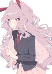 Rule 34 | 1girl, absurdres, animal ears, black jacket, blazer, blush, closed mouth, collared shirt, highres, jacket, long hair, long sleeves, necktie, pink hair, pink skirt, pleated skirt, rabbit ears, red eyes, red necktie, reisen udongein inaba, shirt, simple background, skirt, smile, solo, touhou, tsukimirin, upper body, white background, white shirt