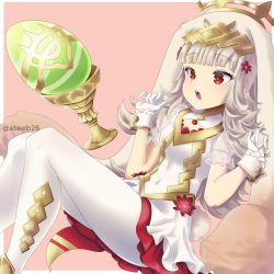 Rule 34 | 1girl, absurdres, animal ears, chalice, cup, easter egg, egg, fake animal ears, fake tail, fire emblem, fire emblem heroes, flower, gloves, chalice, grey hair, hair flower, hair ornament, highres, long hair, nintendo, open mouth, pantyhose, rabbit ears, rabbit tail, red eyes, solo, steeb, tail, twitter username, veronica (fire emblem), white gloves, white pantyhose