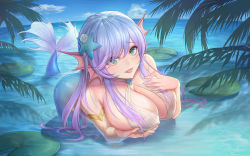 Rule 34 | 1girl, :d, absurdres, blue hair, blue sky, breasts, cloud, commentary request, covered erect nipples, fins, flower, grabbing own breast, green eyes, head fins, highres, large breasts, lotus, mermaid, monster girl, ocean, open mouth, original, outdoors, partially submerged, siebencooper, sky, smile, solo, starfish hair ornament, teeth, water