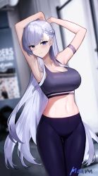 Rule 34 | 1girl, absurdres, alternate costume, arm strap, armpits, arms up, azur lane, bare arms, bare shoulders, belfast (azur lane), blurry, blurry background, blush, braid, breasts, cleavage, closed mouth, collarbone, commentary, cowboy shot, crop top, dutch angle, french braid, gluteal fold, highres, indoors, large breasts, legs together, long hair, looking at viewer, maanu, midriff, navel, pants, purple eyes, purple sports bra, shirt, sidelocks, signature, single braid, smile, solo, sports bra, sportswear, standing, stomach, stretching, taut clothes, taut shirt, thigh gap, thighs, tight clothes, tight pants, very long hair, white hair, yoga pants
