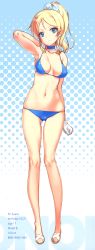 Rule 34 | 10s, 1girl, absurdres, arm up, armpits, ascii media works, ayase eli, bare legs, bare shoulders, bikini, blonde hair, blue bikini, blue eyes, breasts, character name, choker, cleavage, gloves, halftone, halftone background, highres, legs, long hair, long image, long legs, looking at viewer, love live!, love live! school idol project, medium breasts, navel, ooyari ashito, parted lips, ponytail, sandals, scan, skindentation, solo, standing, stats, string bikini, swimsuit, tall image, thighs, white gloves