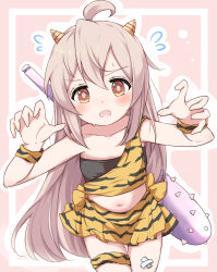 1girl animal_print blush breasts brown_eyes claw_pose club_(weapon) collarbone commentary_request cowboy_shot fang flying_sweatdrops grey_hair highres kazura leopard_print long_hair midriff navel onii-chan_wa_oshimai! open_mouth oyama_mahiro setsubun skin_fang small_breasts solo very_long_hair weapon