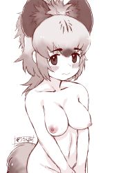 Rule 34 | 1girl, animal ears, blush, breasts, closed mouth, collarbone, covering privates, covering crotch, extra ears, groin, highres, hyena ears, hyena girl, hyena tail, kemono friends, long hair, looking at viewer, masuyama ryou, medium breasts, monochrome, navel, nipples, nude, sidelocks, solo, spotted hyena (kemono friends), stomach, tail, teeth, upper teeth only, v arms