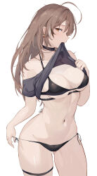 Rule 34 | 1girl, absurdres, ahoge, bikini, bikini bottom pull, black bikini, black choker, breasts, brown eyes, brown hair, choker, chyraliss, clothes in mouth, clothes lift, cowboy shot, earrings, highres, hololive, hololive english, jewelry, medium breasts, mouth hold, multicolored hair, nanashi mumei, navel, shirt in mouth, shirt lift, side-tie bikini bottom, signature, simple background, solo, stomach, strap pull, streaked hair, swimsuit, thigh strap, thighs, underboob, underbust, virtual youtuber, white background