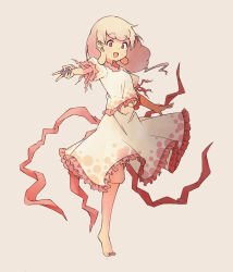 Rule 34 | 1girl, bad id, bad pixiv id, barefoot, beige background, blonde hair, commentary request, earlobes, ebisu eika, enoki, frilled shirt, frilled skirt, frills, full body, highres, holding, holding rock, long earlobes, long hair, looking at viewer, open mouth, outstretched arm, polka dot, polka dot shirt, polka dot skirt, puffy short sleeves, puffy sleeves, red eyes, red ribbon, ribbon, rock, shirt, short sleeves, simple background, skirt, smile, solo, standing, standing on one leg, touhou, white shirt, white skirt