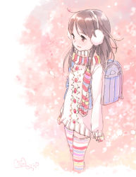 1girl backpack bag blush brown_eyes brown_hair earmuffs female_focus kokudou_juunigou long_sleeves looking_away original parted_lips petals randoseru scarf signature sleeves_past_wrists smile solo striped_clothes striped_scarf striped_thighhighs sweater thighhighs turtleneck turtleneck_sweater white_sweater