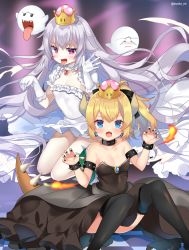Rule 34 | 2girls, armlet, bad id, bad twitter id, black dress, black legwear, blonde hair, boo (mario), bowsette, bracelet, bright pupils, checkered floor, claw pose, collar, covered navel, crown, dress, earrings, fang, flat chest, gloves, horns, jewelry, kurot, long hair, luigi&#039;s mansion, mario (series), multiple girls, nail polish, new super mario bros. u deluxe, nintendo, open mouth, outstretched hand, pink eyes, ponytail, princess king boo, sharp teeth, spiked armlet, spiked bracelet, spiked collar, spikes, super crown, teeth, thighhighs, tongue, tongue out, very long hair, white dress, white gloves