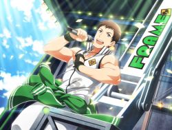 Rule 34 | 10s, bare shoulders, brown hair, clenched hand, clothes around waist, day, dutch angle, idol, idolmaster, idolmaster side-m, jacket, jacket around waist, male focus, microphone, official art, open mouth, purple eyes, shingen seiji, sleeveless
