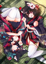 Rule 34 | 2girls, animal ear fluff, animal ears, azur lane, bell, black kimono, black skirt, blue butterfly, breasts, bug, butterfly, butterfly hair ornament, cat ears, cat mask, cleavage, fang, fox mask, fusou (azur lane), hair ornament, highres, insect, japanese clothes, jingle bell, kimono, large breasts, long sleeves, looking at another, looking at viewer, lying, mask, mask on head, minase tamaki, mismatched eyebrows, multiple girls, on back, on floor, panties, pantyshot, paw pose, short kimono, siblings, sideboob, sisters, skirt, tail, tail bell, tail ornament, tatami, thighhighs, thighs, underwear, white legwear, wide sleeves, yamashiro (azur lane), zettai ryouiki