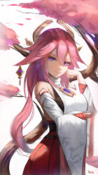 Rule 34 | 1girl, absurdres, arm under breasts, breasts, cherry blossoms, detached sleeves, genshin impact, hakama, hakama skirt, highres, japanese clothes, long hair, looking at viewer, medium breasts, nontraditional miko, pink hair, purple eyes, skirt, smile, solo, tree, vision (genshin impact), wide sleeves, yae miko, yonesdraws