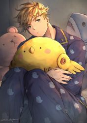 Rule 34 | 1boy, animal print, artist name, bird print, blonde hair, blue pajamas, buttons, closed mouth, commentary request, hugging doll, fudoji, granblue fantasy, green eyes, highres, holding, holding stuffed toy, knees up, looking away, looking to the side, male focus, hugging object, official alternate costume, pajamas, print pajamas, short hair, sitting, solo, stuffed animal, stuffed bird, stuffed shark, stuffed toy, teddy bear, twitter username, vane (granblue fantasy)