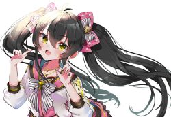 Rule 34 | 1girl, :d, animal print, black hair, blush, bow, bowtie, collarbone, floating hair, hair between eyes, hair bow, highres, idol, idolmaster, idolmaster cinderella girls, jewelry, leopard print, looking at viewer, matoba risa, necklace, open mouth, simple background, smile, solo, twintails, upper body, white background, yellow eyes, yuanagae