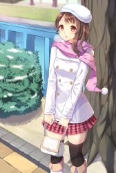 Rule 34 | 10s, 1girl, black thighhighs, blush, boots, brown hair, coat, highres, hopepe, knee boots, medium hair, nisekoi, onodera kosaki, parted lips, pink scarf, pink skirt, scarf, skirt, snow, snowing, solo, thighhighs, white coat, white footwear, winter clothes, winter coat