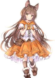 Rule 34 | 1girl, animal ears, aster (granblue fantasy), bag, blush, boots, bow, brown eyes, brown footwear, brown hair, brown socks, closed mouth, commentary request, copyright request, cross-laced clothes, erune, fur-trimmed boots, fur trim, granblue fantasy, hair ornament, hairclip, hands up, head tilt, kneehighs, long hair, looking at viewer, orange skirt, pleated skirt, satchel, shirt, short sleeves, simple background, skirt, smile, socks, solo, very long hair, wataame27, white background, white shirt, yellow bow