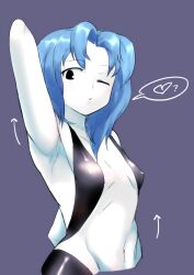 Rule 34 | 1girl, arm up, armpits, arrow (symbol), black eyes, black vest, blue hair, breasts, closed mouth, commentary request, cookie (touhou), flour (cookie), heart, highres, kumoi ichirin, long hair, looking at viewer, medium bangs, navel, no shirt, one eye closed, open clothes, open vest, parted bangs, parupunte (nicoseiga51964270), purple background, simple background, small breasts, solo, spoken heart, touhou, upper body, vest