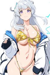 Rule 34 | 1girl, alternate costume, bikini, blue archive, blush, breasts, cameltoe, clearite, cleavage, cleft of venus, closed mouth, commentary, covered erect nipples, cowboy shot, female pubic hair, gluteal fold, grey hair, halo, headphones, highleg, highleg bikini, jacket, large breasts, long hair, looking at viewer, mechanical halo, navel, noa (blue archive), off shoulder, open clothes, open jacket, pubic hair, pubic hair peek, purple eyes, ribs, simple background, smile, solo, standing, string bikini, swimsuit, two-sided fabric, two-sided jacket, very long hair, white background, white jacket, yellow bikini