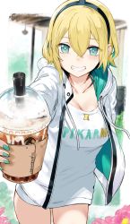 Rule 34 | 1girl, amano pikamee, aqua eyes, aqua hair, aqua nails, blonde hair, blush, breasts, bubble tea, cleavage, clothes writing, commentary, cup, disposable cup, dress, drinking straw, flower, giving, grin, hair between eyes, hews, highres, hood, hood down, hooded jacket, incoming drink, jacket, magnet, multicolored hair, nail polish, open clothes, pink flower, saliva, short dress, short hair, smile, solo, thighs, virtual youtuber, voms, white dress, white jacket