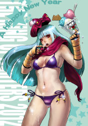 Rule 34 | 10s, 1girl, 2012, bad id, bad pixiv id, bikini, blue hair, daichan mona, food, gloves, hat, highres, hime cut, ice cream, kula diamond, navel, new year, open mouth, red eyes, scarf, side-tie bikini bottom, skindentation, snk, solo, suggestive fluid, swimsuit, the king of fighters, tongue