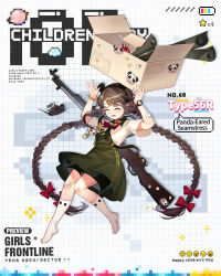 Rule 34 | &gt; &lt;, 1girl, ^^^, aged down, animal ear hairband, animal ears, animal sticker, bamboo shoot, bandaid, bandaid on arm, bandaid on knee, bandaid on leg, battery indicator, black shorts, bow, bowtie, box, braid, brown hair, carbine, cardboard box, character name, children&#039;s day, closed eyes, commentary, company name, copyright name, dress, english commentary, fake animal ears, feet, full body, girls&#039; frontline, green dress, grid background, gun, gun on back, hair bow, hair ornament, hairband, hairclip, hands up, highres, kan (rainconan), long hair, low twin braids, mouse (animal), no shoes, official alternate costume, official art, open box, open mouth, panda, planet, red bow, red bowtie, red wristband, rifle, safety scissors, scissors, scroll, scrunchie, second-party source, shirt, short sleeves, shorts, shorts under dress, simple background, sks, socks, solo, star (symbol), transparent background, twin braids, type 56 carbine (girls&#039; frontline), type 56 carbine (panda-eared seamstress) (girls&#039; frontline), very long hair, weapon, weapon on back, white shirt, white socks, winding key, wrist scrunchie, yellow scrunchie