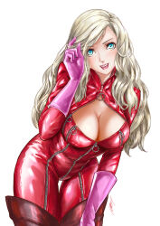 Rule 34 | 1girl, :d, adjusting hair, albyee, blonde hair, blue eyes, bodysuit, breasts, cleavage, commentary, commission, english commentary, hair down, hair ornament, hairclip, hand up, large breasts, leaning forward, long hair, looking at viewer, open mouth, persona, persona 5, red bodysuit, signature, simple background, smile, solo, takamaki anne, thigh gap, wavy hair, white background, zipper, zipper pull tab