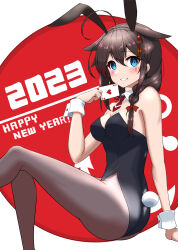 Rule 34 | 1girl, 2023, absurdres, ace (playing card), ace of hearts, ahoge, alternate costume, animal ears, ass, black hair, black leotard, black pantyhose, blue eyes, bow, bowtie, braid, breasts, card, chinese zodiac, detached collar, feet out of frame, hair flaps, hair ornament, hair over shoulder, happy new year, heart, highres, invisible chair, kantai collection, leotard, medium breasts, necktie, new year, pantyhose, playboy bunny, playing card, rabbit ears, rabbit tail, red necktie, shiba (zudha), shigure (kancolle), shigure kai ni (kancolle), single braid, sitting, solo, strapless, strapless leotard, tail, wrist cuffs, year of the rabbit