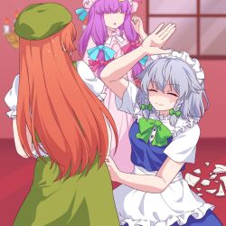 Rule 34 | 3girls, apron, baggy clothes, beret, blunt bangs, braid, broken plate, china dress, chinese clothes, dress, grey hair, hat, highres, hong meiling, izayoi sakuya, kaoling, maid, maid apron, maid headdress, mob cap, multiple girls, patchouli knowledge, plate, puffy sleeves, purple hair, red hair, touhou, twin braids
