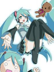 Rule 34 | 3to2, :d, aqua eyes, aqua hair, boots, bow, bowtie, detached sleeves, hachune miku, hatsune miku, headset, long hair, necktie, open mouth, simple background, skirt, smile, stuffed animal, stuffed toy, teddy bear, thigh boots, thighhighs, twintails, very long hair, vocaloid