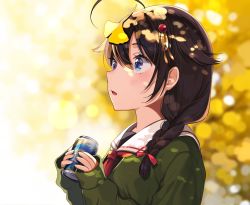 Rule 34 | 10s, 1girl, :o, ahoge, autumn, autumn leaves, black hair, black serafuku, blue eyes, blurry, blush, bokeh, braid, breasts, can, dappled sunlight, day, depth of field, drink can, eyebrows, from side, ginkgo tree, green jacket, hair between eyes, hair flaps, hair ornament, hair over shoulder, hair ribbon, holding, jacket, kantai collection, leaf, leaf on head, long hair, long sleeves, parted lips, ribbon, school uniform, serafuku, shigure (kancolle), shigure kai ni (kancolle), shigure ui, single braid, sleeves past wrists, small breasts, soda can, solo, sunlight, surprised, upper body