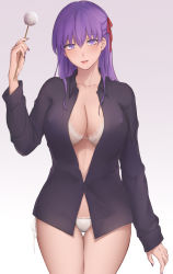 Rule 34 | 1girl, bad id, bad pixiv id, black shirt, bra, breasts, cleavage, collarbone, fate/stay night, fate (series), hair ribbon, highres, lips, long hair, looking at viewer, matou sakura, medium breasts, mimikaki, nail polish, open clothes, open mouth, open shirt, panties, purple eyes, purple hair, red ribbon, ribbon, rifu (643763873), shirt, simple background, solo, standing, thighs, underwear, white bra, white panties