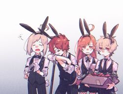 Rule 34 | 2boys, 2girls, ahoge, androgynous, animal ear hairband, animal ears, bandaid, bandaid on face, bandaid on nose, belt, black bow, black bowtie, black necktie, black pants, black shorts, black vest, bow, bowtie, box, broom, cardboard box, carrot, cleaning, closed eyes, commentary, cowboy shot, crossed bandaids, cup, dress pants, dress shirt, drinking glass, fake animal ears, film grain, fishnet pantyhose, fishnets, flower (vocaloid), flower (vocaloid4), formal, fukase, gradient background, grey hair, hairband, holding, holding box, holding cup, holding notepad, holding pen, holding towel, leaning on broom, leaning on object, long hair, looking at viewer, mi no take, multiple boys, multiple girls, neck ribbon, necktie, notepad, open mouth, pants, pantyhose, pen, pink hair, rabbit ear hairband, rabbit ears, rabbit tail, red hair, ribbon, sf-a2 miki, shirt, short hair, shorts, squeans, standing, symbol-only commentary, tail, tearing up, towel, utatane piko, vest, vocaloid, white shirt, wine glass, yawning