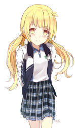 Rule 34 | 1girl, arms behind back, bad id, bad pixiv id, beifeng han, blonde hair, collared shirt, cyou shigen, highres, jacket, long hair, looking at viewer, original, plaid, plaid skirt, shirt, simple background, skirt, solo, track jacket, twintails, white background, yellow eyes