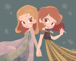 Rule 34 | 2girls, alternate costume, amber (disney), anna (frozen), anna (frozen) (cosplay), blonde hair, blue dress, blue eyes, brown hair, cape, cosplay, dress, elsa (frozen), elsa (frozen) (cosplay), floral print, frozen (disney), holding hands, long hair, medal, multiple girls, princess, red eyes, siblings, snowflakes, sofia (disney), sofia the first, step-siblings, sumiko (skbsu), translation request