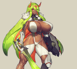 Rule 34 | 1girl, asymmetrical legwear, breasts, breasts apart, cowboy shot, curvy, dark-skinned female, dark skin, dot nose, eyes visible through hair, feet out of frame, female focus, gauntlets, green hair, hair over one eye, highleg, holding, holding shield, holding sword, holding weapon, horns, huge breasts, impossible clothes, long hair, looking at viewer, matching hair/eyes, meloline, melon22, melonnyinyi, multicolored hair, navel, orange eyes, orange hair, shield, shiny clothes, shiny skin, sidelocks, simple background, skin tight, solo, standing, sword, thick thighs, thighs, two-tone hair, uneven legwear, very long hair, weapon, wide hips