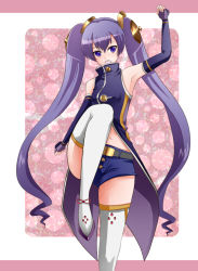 Rule 34 | 1girl, ar tonelico, ar tonelico iii, armpits, bare shoulders, cocona vatel, elbow gloves, fingerless gloves, gloves, gust, hair ornament, long hair, midriff, navel, omiso (opia), purple eyes, purple hair, shorts, solo, thighhighs, twintails, white thighhighs