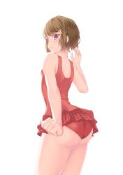 Rule 34 | 1girl, ass, bad proportions, breasts, brown hair, casual one-piece swimsuit, clenched hand, hair ornament, hairclip, hand up, highres, koga tomoe, looking at viewer, looking back, one-piece swimsuit, purple eyes, rebutsu, red one-piece swimsuit, seishun buta yarou, short hair, simple background, small breasts, solo, standing, swimsuit, white background