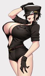 Rule 34 | 1girl, absurdres, black hair, black shorts, breast pocket, breasts, buttons, cleavage, commentary, english commentary, from side, gloves, hand on headwear, hand up, hat, hat over one eye, hat tip, highres, huge breasts, hz (666v), impossible clothes, impossible shirt, looking at viewer, midriff, one eye closed, original, partially unbuttoned, pink eyes, pocket, shirt, short hair, short sleeves, shorts, simple background, smile, solo, stomach, thighs, upper body, white background, zepia (camui kamui)