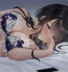 Rule 34 | 1girl, bare shoulders, black bra, blush, bra, breasts, brown hair, cleavage, collarbone, floral print, hair ornament, hair scrunchie, hand on own face, kayanomomo, lace, lace-trimmed bra, lace trim, large breasts, lingerie, long hair, looking at viewer, lying, mole, mole under mouth, on bed, on side, original, parted lips, pillow, purple eyes, scrunchie, sidelocks, solo, steaming body, swept bangs, underwear, upper body, yellow scrunchie