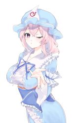 Rule 34 | 1girl, blowing kiss, blue hat, breasts, dress, ellen drawing, frilled dress, frilled kimono, frilled sleeves, frills, hat, highres, japanese clothes, kimono, mob cap, one eye closed, pink eyes, pink hair, saigyouji yuyuko, simple background, solo, touhou, white background